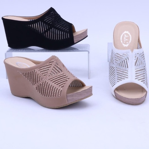 Restocked! Studded Bright Black Rhinestone Wedge Platform Heeled Sandal Mules - Picture 4 of 11